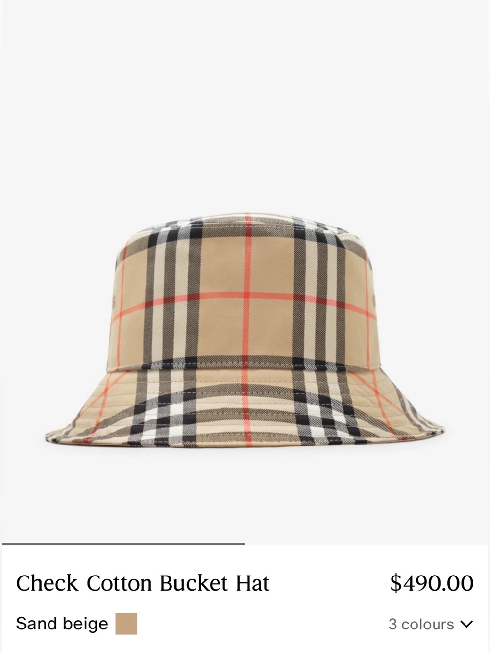 Burberry Beige Check Bucket Hat with Black & Red Accents